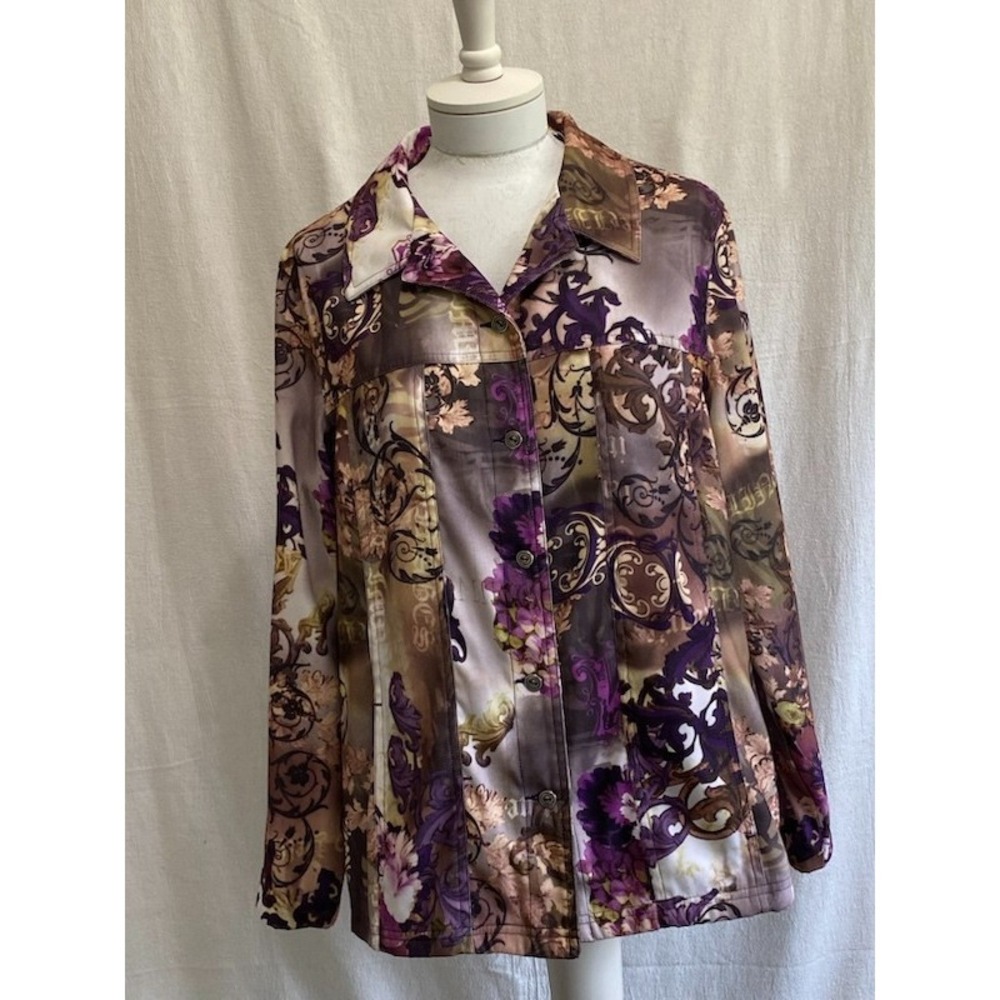 TanJay Jacket Womens L Purple Floral Baroque Scroll Artsy Boho Whimsigoth Y2K